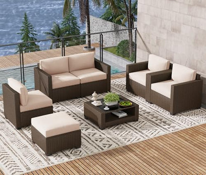 LOUVIXA 7 Piece Outdoor Patio Furniture Set, Rattan Chairs Glass Table Wicker Conversation Seating Sectional Sofa with Cushions (Brown-Beige, 7Pcs-2 Layer Coffee Table)
