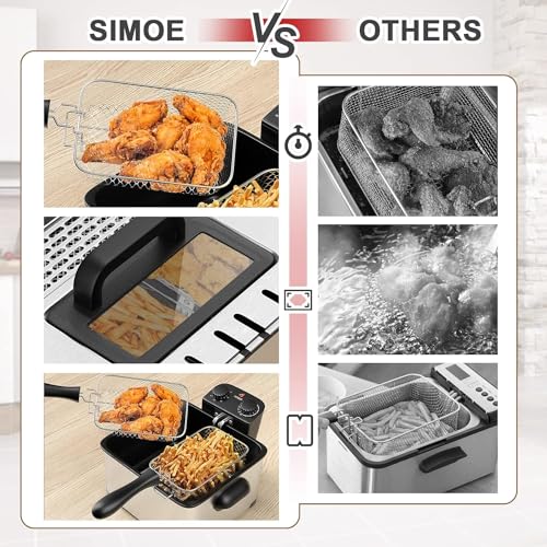Deep Fryers with 3 Baskets - Simoe 5.3QT/21 Cup Electric Large Fryer Countertop, 1700W Stainless Steel Deep Oil Fryer with Lid, Adjustable Temperature & Timer & View Window, Professional Grade