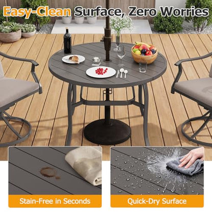EROMMY 5-Piece Outdoor Patio Dining Set, 4 Swivel Chairs with Removable Cushions & Round Metal Table with Umbrella Hole, All-Weather Furniture for Backyard, Garden and Deck
