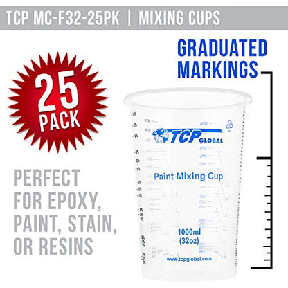 TCP Global 32 oz. (1000ml) Graduated Plastic Mixing Cups (Box of 25) - Disposable Plastic Measuring Cups for Liquids, Paints, Resin, Epoxy, Art, Kitchen - Ratios 2-1, 3-1, 4-1 ML