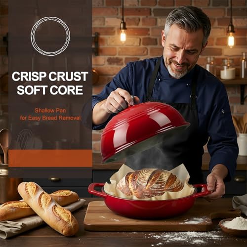 Overmont Enameled Cast Iron Bread Oven - 6QT Bread Dutch Oven for Sourdough Baking - Bread Pot with Dome Lid Cotton Potholders & Cookbook - Multi-Functional Bread Pan For Baking Frying Roasting