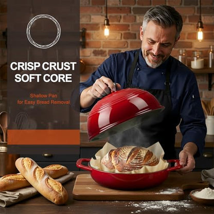 Overmont Enameled Cast Iron Bread Oven - 6QT Bread Dutch Oven for Sourdough Baking - Bread Pot with Dome Lid Cotton Potholders & Cookbook - Multi-Functional Bread Pan For Baking Frying Roasting