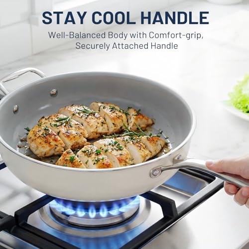 Kikcoin Nonstick Frying Pan with Lid - 12 inch Ceramic Deep Frying Pan for Cooking - 5 QT Large Saute Pan with Stay Cool Handle, Induction Ready, PFAS/PTFE/PFOA Free, All Oven/Dishwasher Safe