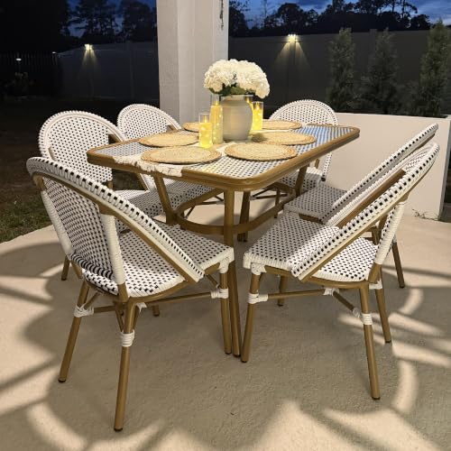 PURPLE LEAF Outdoor French Dining Set 7-Piece Bistro Rattan Rectangle Table