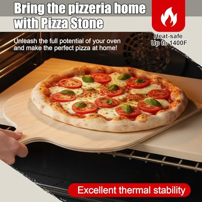 Acellegic Pizza Stones 3 Pcs Set 15 x 12 Inch Large Cordierite Stone Set for Oven and Grill with Pizza Peel, Stainless Steel Cutter Rocker for Baking, Bread, BBQ(Rectangle)