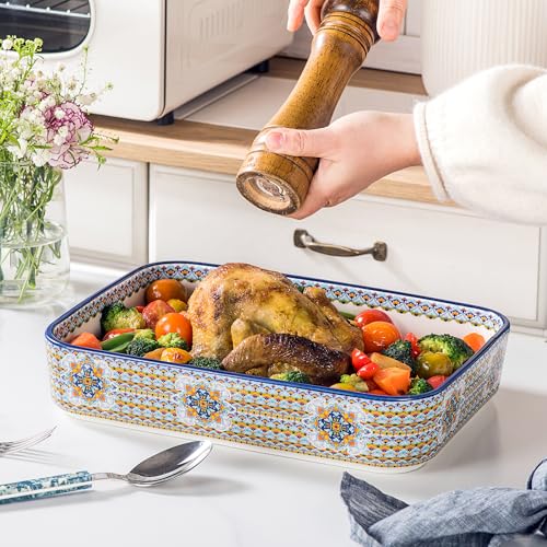 Casserole Dishes for Oven, Ceramic Baking Dishes Set of 3, Rectangular Lasagna Pans, Ceramic Bakeware Set for Baking, Roasting and Serving - Boho Style