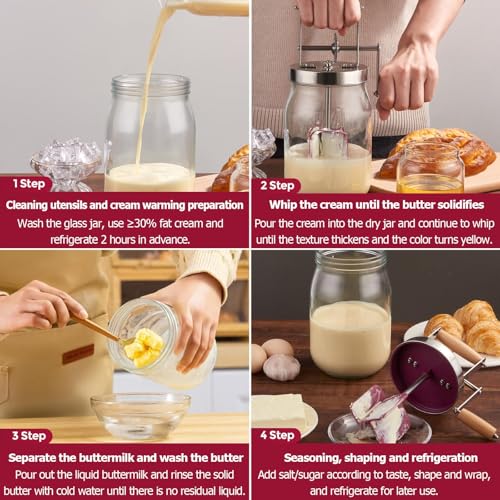 Retro Manual Butter Churn Kit - Wooden Hand-Crank Butter Maker with Glass Jar, Perfect for Fresh Cream, Keto Butter & Sustainable Homesteading (Farmhouse Must-Have) (51 OZ)
