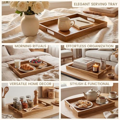 Serving Tray with Handles, Acacia Wood Serving Platters, Set of 2 Rustic Decorative Storage Tray for Coffee Table, Party, Ottoman, Kitchen, Bedroom, Bathroom, Ideal Housewarming Gift