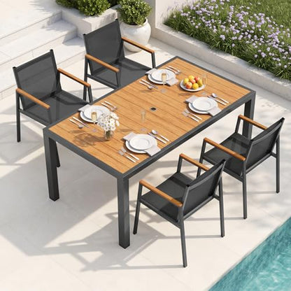 Oasbira Outdoor Dining Set for 4, Aluminum Patio Table and Chairs Set, 5-Piece All Weather Patio Dining Furniture Set with Umbrella Hole for Backyard, Deck, Poolside (Gray-Teak)