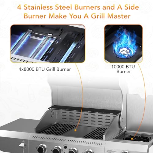 Electactic G41 Pro BBQ Grill,Heavy-Duty Stainless Steel Gas Grill, 4 Burner Gas Grill with Side Burner,42000 BTU Propane Grill for Outdoor Cooking,Barbecue,Garden and Patio Backyard