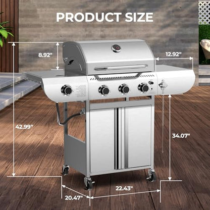 34,000 BTU 3-Burner Propane Gas Grill with Side Burner, All Stainless Steel BBQ Grill, Cast Iron Grates & Portable Cart with Wheels，Outdoor Barbecue Grill for Backyard, Patio, Camping (G31 PRO)