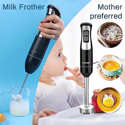 Immersion Blender Handheld, OUTRONSM Hand Blender with 4-point thickened SS blades, Milk Frother, Egg Whisk for Coffee Milk Foam, Puree Baby Food, Smoothies, Sauces and Soups – Black