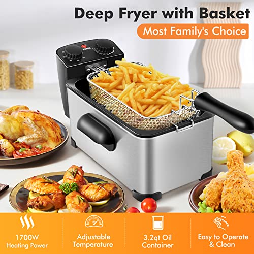 COSTWAY 3.2Qt/3L Deep Fryer with Basket, Adjustable Temperature & Timer