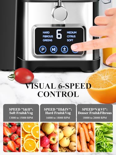 Healnitor 1200W 6-Speed Touch LCD Screen Centrifugal Juicer with 3.2'' Big Wide Chute, Juice Extractor Machines Vegetable and Fruit, Titanium Enhanced Filter, Easy Clean, BPA-Free, Silver