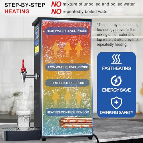 Hot Water Dispenser Commercial Water Boiler Countertop Hot Water Machine Stainless Steel Step-heating Temperature Control 86-212°F for Boba Tea Coffee Office Restaurant 1600W, 30L(8GAL)/Hour, Black