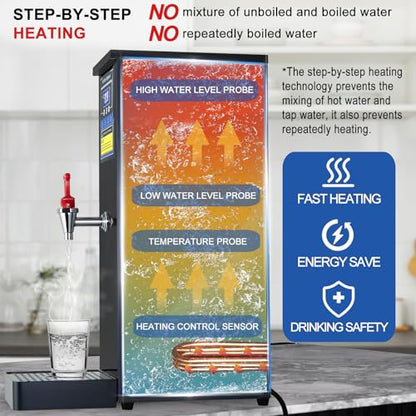Hot Water Dispenser Commercial Water Boiler Countertop Hot Water Machine Stainless Steel Step-heating Temperature Control 86-212°F for Boba Tea Coffee Office Restaurant 1600W, 30L(8GAL)/Hour, Black