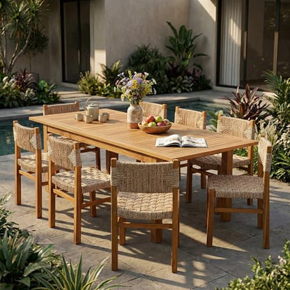Christopher Knight Home 9 Piece Outdoor Dining Set Acacia Wood Expandable Table and 8 Light Brown Wicker Chairs Teak Finish Frame Patio Dining Furniture Set for Garden Backyard Porch Deck