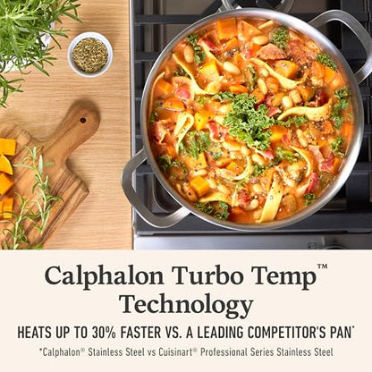 Calphalon Brushed 3-Ply Stainless Steel Cookware Set w/Turbo Heat Tech 6Qt Stock Pot with Lid, Induction, Oven Safe 450F, Brushed Stainless Silver