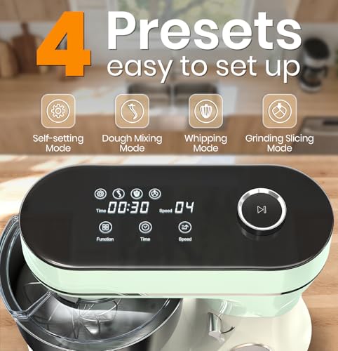 Bonnor Stand Mixer 6QT Kitchen Mixer with LED Smart Touchscreen, 11-Speed Tilt-Head Mixer with Timer, 4 Preset Menus, Stainless Steel Bowl, Dough Hook, Whisk, Beater (Green, 6Qt)