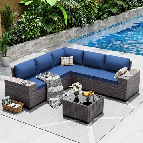 ASJMR Outdoor Patio Furniture Set, 6 Pieces Outdoor Sectional Furniture High Backrest Patio Sofa, All-Weather PE Rattan Patio Conversation Set with Coffee Table & Cushions(Dark Blue).