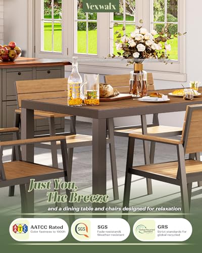 Vexwalx 5-Piece Outdoor Dining Set, Aluminum Dining Table Set for 4, Patio Table and Chairs Set with Umbrella Hole, All Weather HDPS Outdoor Table and Chairs for 4 (Gray-Teak)