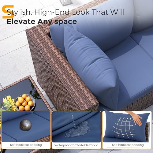 UDPATIO Furniture Set with Fire Pit Table, 8 Piece Sectional Sofas, All-Weather Wicker Conversation for Garden, Backyard, Navy Blue