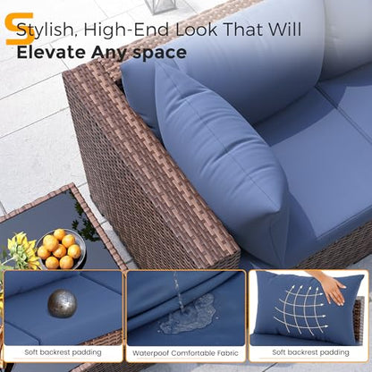 UDPATIO Furniture Set with Fire Pit Table, 8 Piece Sectional Sofas, All-Weather Wicker Conversation for Garden, Backyard, Navy Blue