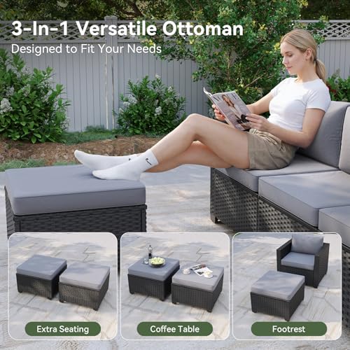 Aoxun 7 Piece Patio Furniture Set with Fire Pit Table, 10 Seats Outdoor Furniture Set with Wicker Ottomans, Rattan Outdoor Sectional Sofa with Thickened Cushion & Waterproof Cover Grey