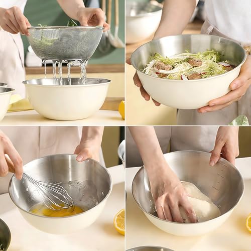 Eugelrom 4-Piece 304 Stainless Steel Mixing Bowls Set with Colander & Strainer – Off-White Coated Nesting Bowls, Food Grade Metal Bowl Set for Meal Prep, Kitchen Essentials (Lids Not Included)