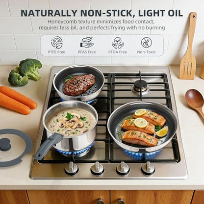 Ciwete 6-Piece Hybrid Stainless Steel Pots and Pans Set Non Stick, Tri-Ply Stainless Steel Cookware Set with Lids and Detachable Handle, PFOA Free Kitchen Skillet for All Cooktops, Dishwasher Safe