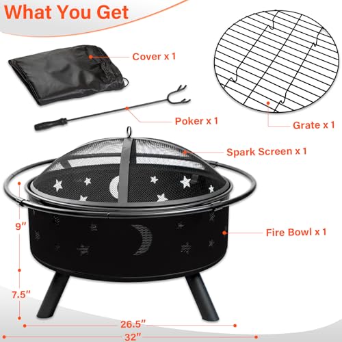 Quilushey 32 Inch Fire Pit Outdoor Fireplace, 2 in 1 Metal Round Firepit for Outside Bonfire Party, BBQ, Camping, Backyard, Patio, Garden, Picnic w/Fire Poker, Spark Screen, Grate, Cover (Moon&Star)