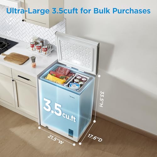Midea MERC04C4BAWW Chest Freezer, 3.5 Cubic Feet Freezer With Removable Basket, Interior LED Light, Adjustable Temperature, For Kitchen Apartment Office, White