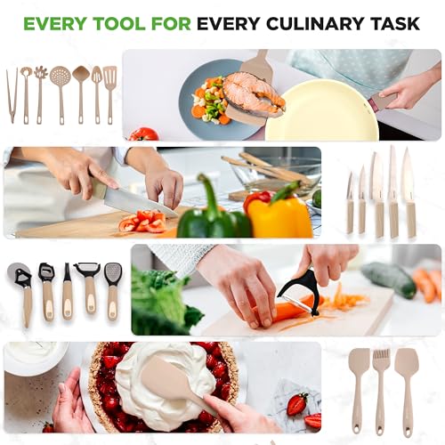 NutriChef 75-Piece Non-Stick Pots and Pans Set, Complete Ceramic Cookware Set with Bakeware, Utensils, Knife Set, & Accessories, Stain-Resistant, Food-Grade Safe, Cream/Brown