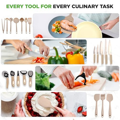 NutriChef 75-Piece Non-Stick Pots and Pans Set, Complete Ceramic Cookware Set with Bakeware, Utensils, Knife Set, & Accessories, Stain-Resistant, Food-Grade Safe, Cream/Brown
