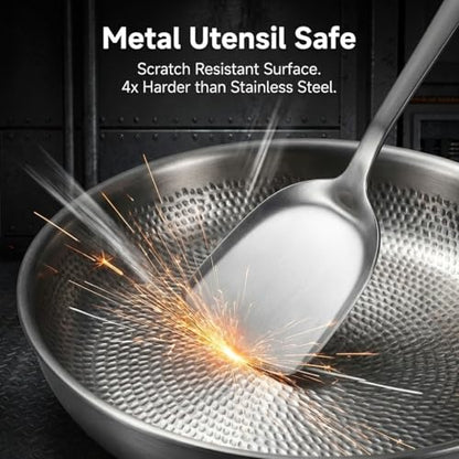 Pexucalm Titanium Frying Pan with Lid, 9" Uncoated Hammered Skillet for Cooking, PFAS/PFOA/PTFE Free Nonstick Cookware, Scratch Resistant, for Induction & Gas, Oven, Dishwasher Safe