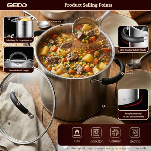 GEDO Food-Grade 304 Stainless Steel Stock Pot, Thickened Cooking Pot with Tempered Glass Lid, Heat-Resistant Handles, Fits All Stovetops for Soup Stew Canning, Dishwasher Safe (10, Quarts)