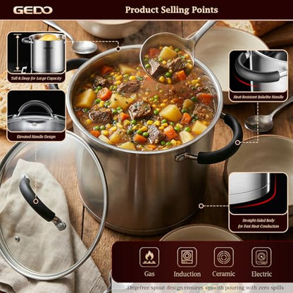 GEDO Food-Grade 304 Stainless Steel Stock Pot, Thickened Cooking Pot with Tempered Glass Lid, Heat-Resistant Handles, Fits All Stovetops for Soup Stew Canning, Dishwasher Safe (10, Quarts)