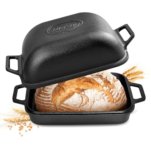 Davivy 9QT Large Cast Iron Bread Loaf Pan with Lid, Pre-Seasoned Dutch Oven for Sourdough Bread Baking, Non-stick Cast Iron Sourdough Baking Pan with Lid