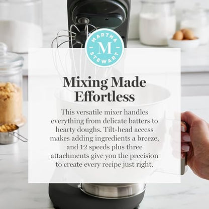 Martha Stewart 5.3Qt Stand Mixer, 12-Speed Tilt-Head Electric Kitchen Mixer with Stainless Steel Bowl, Dough Hook, Whisk & Beater, Splash Guard, Ideal for Baking Bread, Cake & Whipping, Caviar Gray
