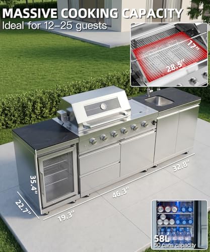Outdoor Kitchen Island Barbecue Grill with Refrigerator & Rotisserie, Heavy-Duty Stainless Steel Freestanding Grills Station, Weather-Resistant Cooking Cabinet for Backyard & Summer Propane Gas