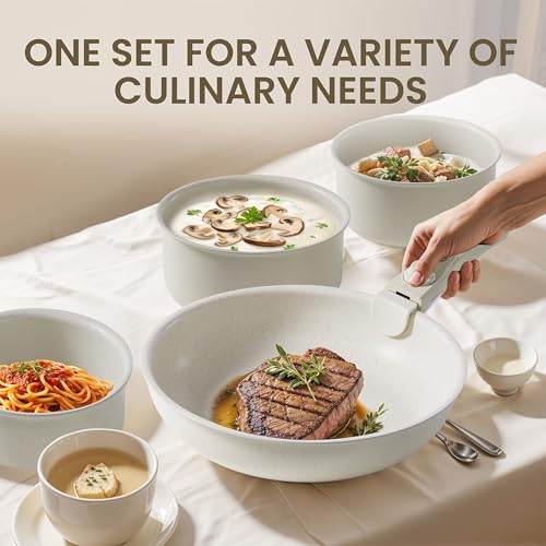Simple Deluxe 12 Pcs Non-Stick Cookware Set, with Beige Granite Texture and Detachable Handles, Resistant to High Temperatures, Oven Safe, PFAS and PFOA Free