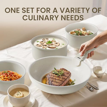 Simple Deluxe 12 Pcs Non-Stick Cookware Set, with Beige Granite Texture and Detachable Handles, Resistant to High Temperatures, Oven Safe, PFAS and PFOA Free