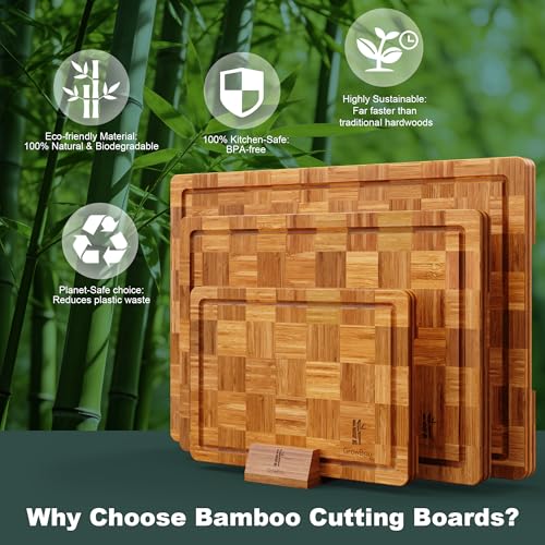 Extra Large Bamboo Cutting Boards, 3-Pack Heavy Duty Bamboo Cutting Boards Set with Juice Grooves & Non-Slip Feet – Extra Large Thick Wood Chopping Board for Meat, Fruits & More, Non-Toxic & Durable