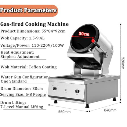 TT-YEL Stainless Steel Commercial Fully Automatic Cooking Machine, Drum-Type Food Processor, Natural Gas-Powered Cooking Machine, Water Spray Wok,30cm Wok