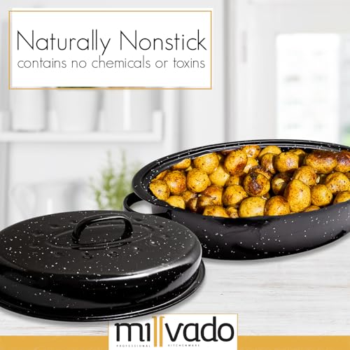Millvado Roasting Pan With Lid, Turkey Roaster Pan, Extra Large 15 lb Capacity, 18" Granite Oven Roaster Oval Shaped Speckled Enamel on Steel Cookware
