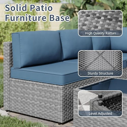 SUNLEI 5 Piece Patio Furniture Sets, Low Back All-Weather Rattan Sectional Sofa with Tea Table&Washable Couch Cushions, Patio Furniture Set (Silver Rattan Aegean Blue, 5 Pcs)