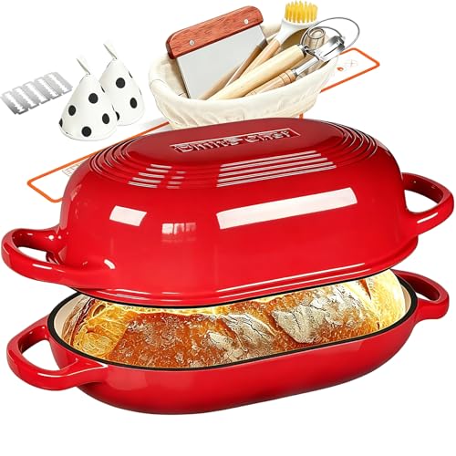 Enameled Cast Iron Sourdough Bread Oven, Dutch Oven, incl. Sourdough Bread-Baking Supplies like Banneton Bread-Proofing Basket - 5QT Loaf Cast Iron Bread Pan for Homemade Bread Baking, Red Meatloaf Pan with Lid