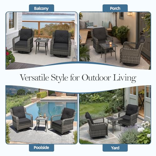 Mvpipi Patio Bistro Sets 3 Pieces with 360° Swivel Chairs Set of 2 - Outdoor Patio Furniture Set with PE Wicker Chairs and Side Table, Patio Conversation Sets for Porch, Garden, Balcony, Dark Gray