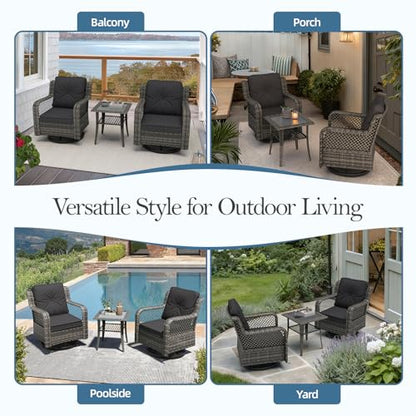 Mvpipi Patio Bistro Sets 3 Pieces with 360° Swivel Chairs Set of 2 - Outdoor Patio Furniture Set with PE Wicker Chairs and Side Table, Patio Conversation Sets for Porch, Garden, Balcony, Dark Gray