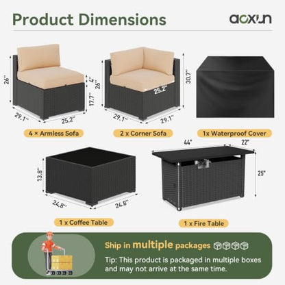 Aoxun 8 Piece Patio Furniture Set with 44” Fire Pit Table Wicker Patio Sectional Sofa Set Outdoor Seating Furniture with Thickened Cushion, Beige
